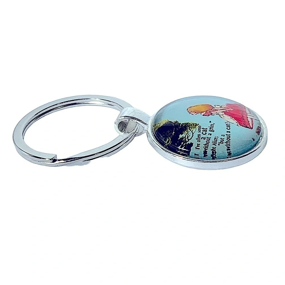 Alice in Wonder Land Keychain Key Holder Round Glass Cabochon Dome Silver Blue